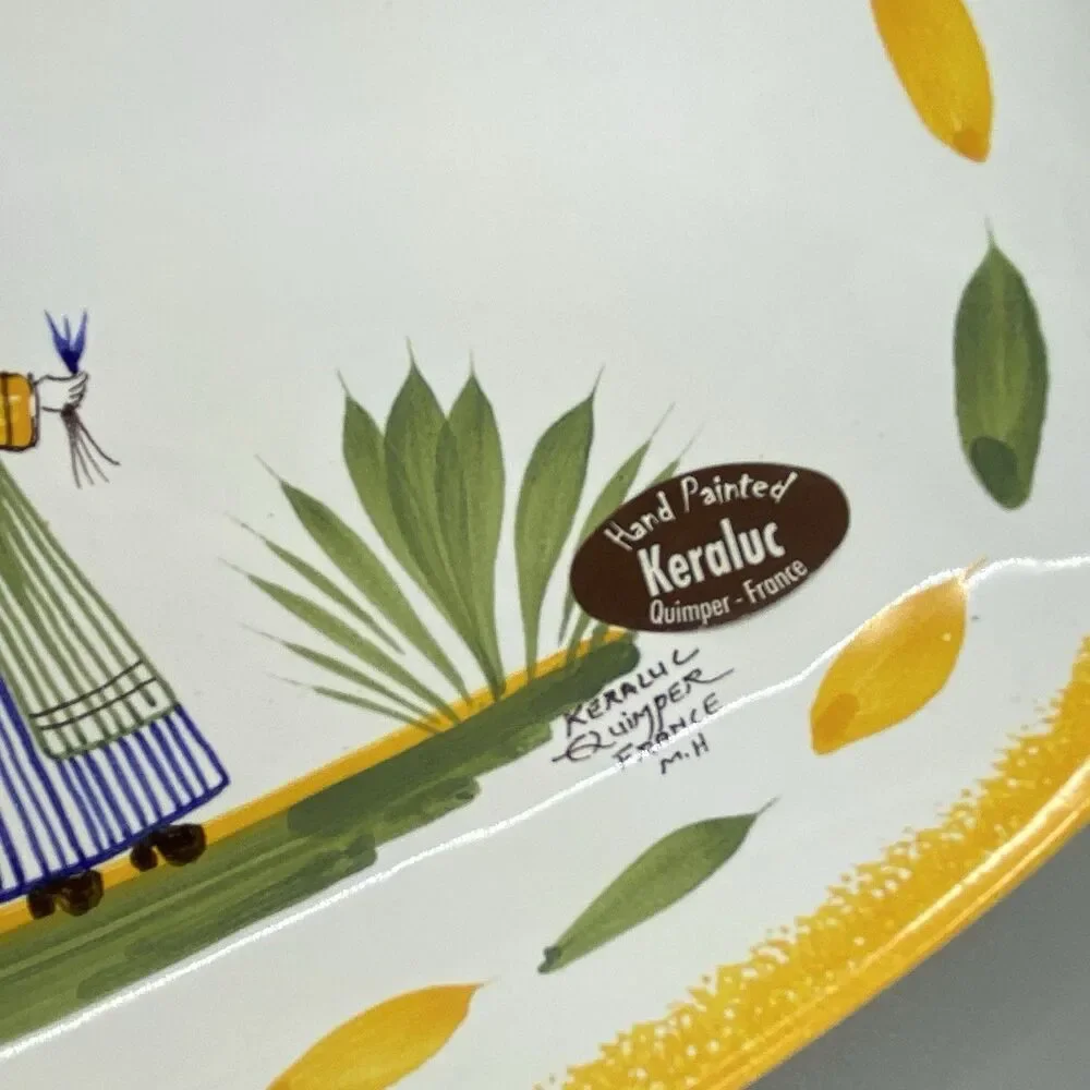 Vintage Keraluc Quimper France Hand Painted Faience Breton Dish Tray Yellow Trim